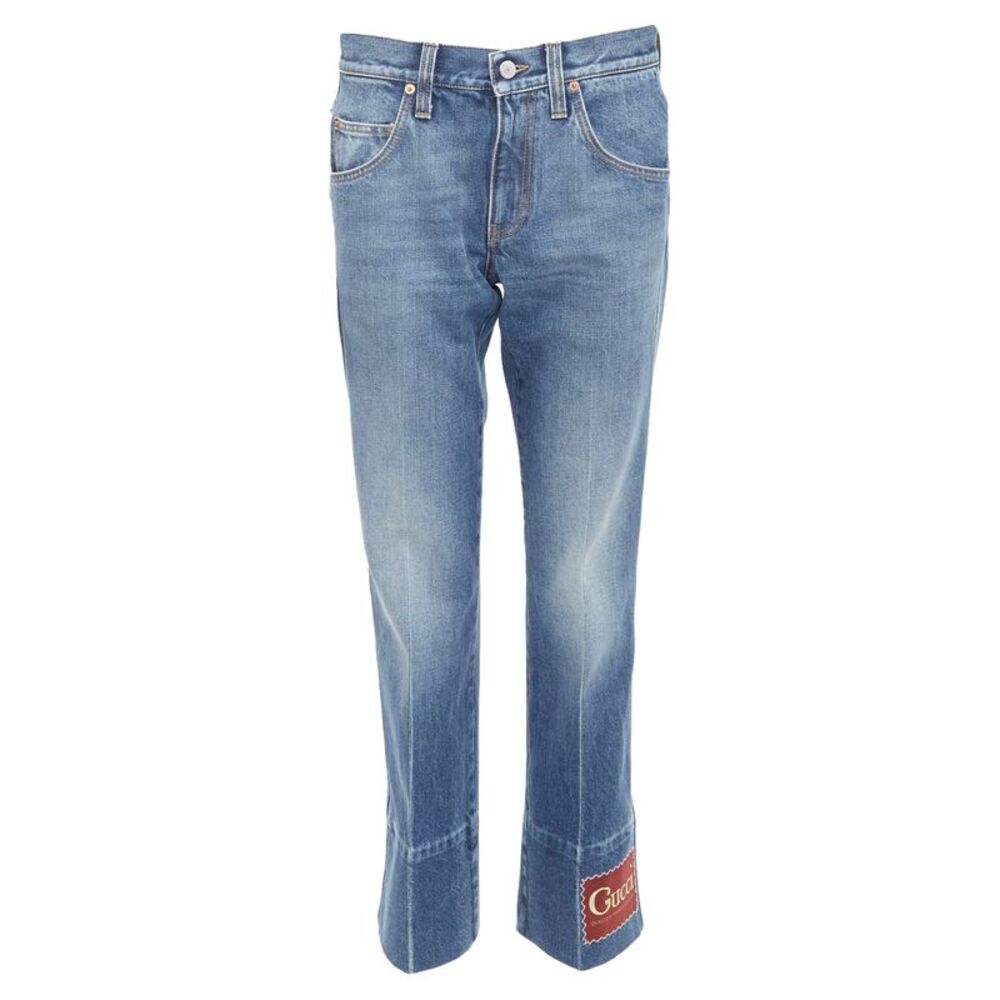 GUCCI Alessandro Michele blue washed cotton red logo patch flared jeans 28"